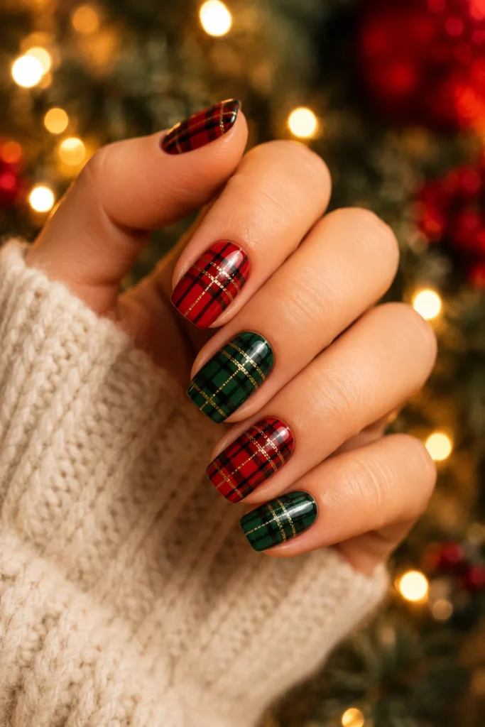Holiday plaid nails in classic red and green colors
