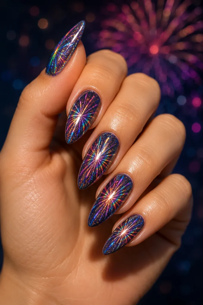 Holographic polish nails reflecting rainbow firework light patterns