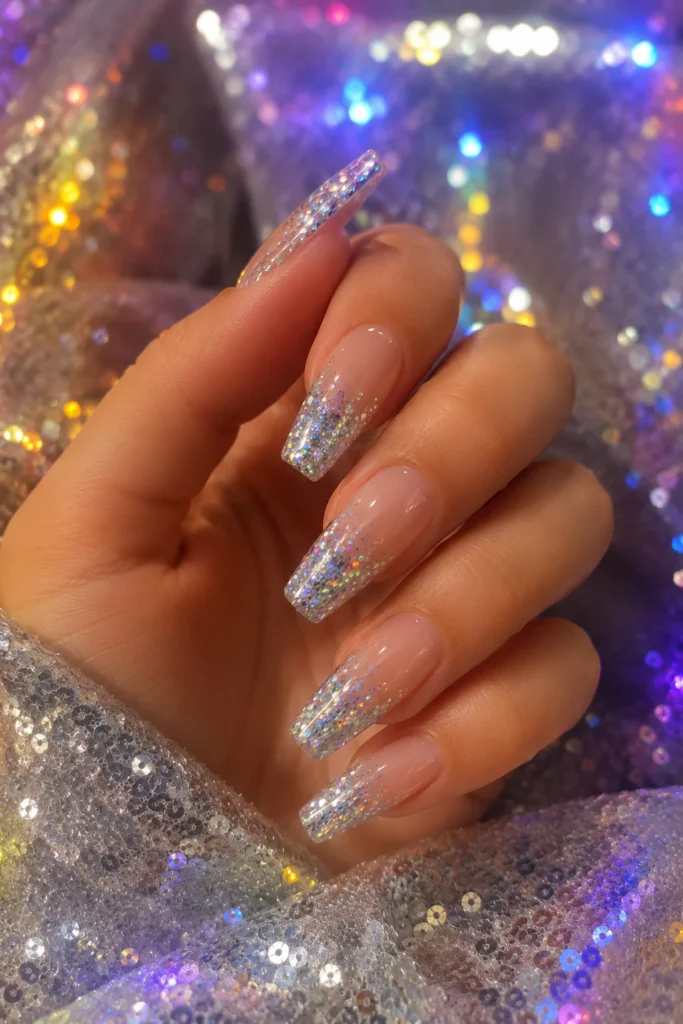 Ballerina nails with holographic glitter French tips