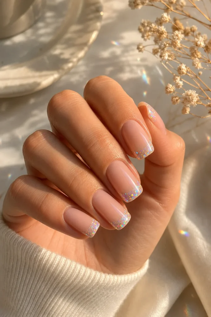Holographic mermaid tips sparkle with subtle rainbow reflections