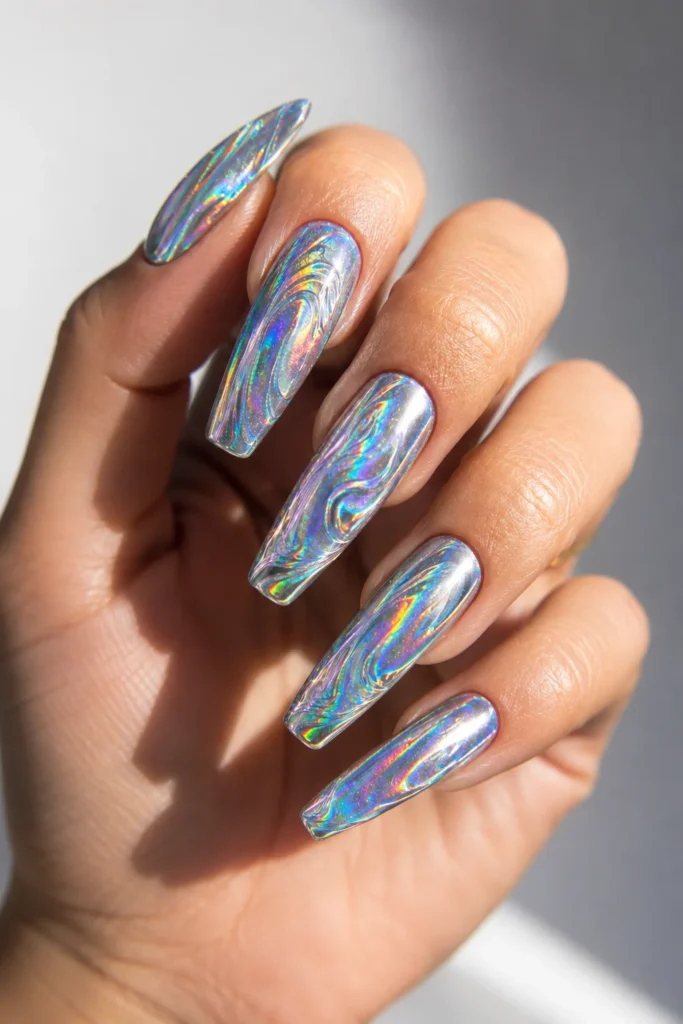 Holographic rainbow marble nail art