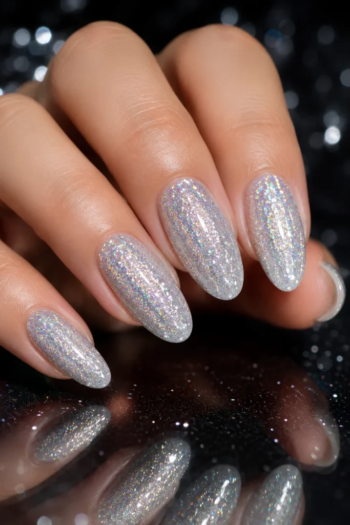 White oval nails with holographic silver glitter