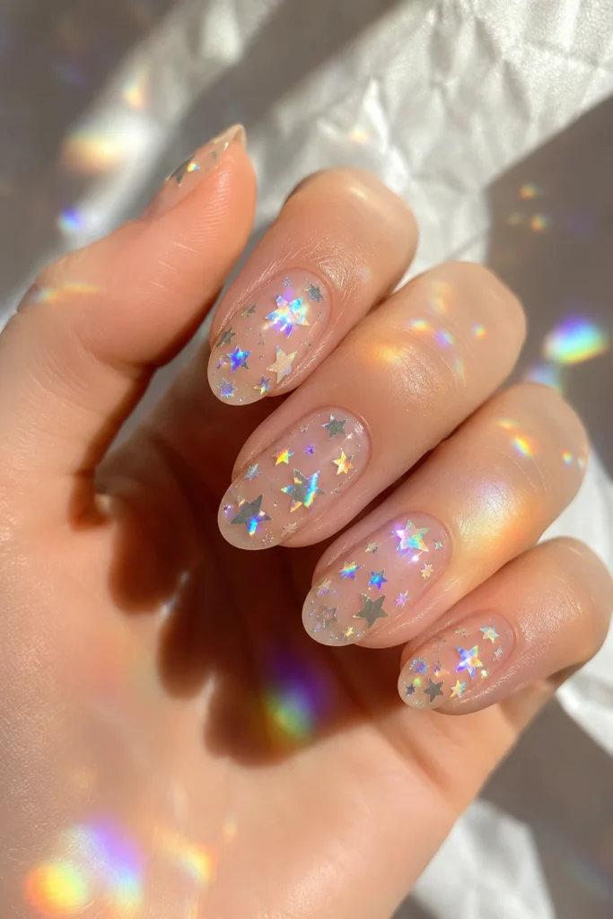 Holographic star nail art on clear glossy nails
