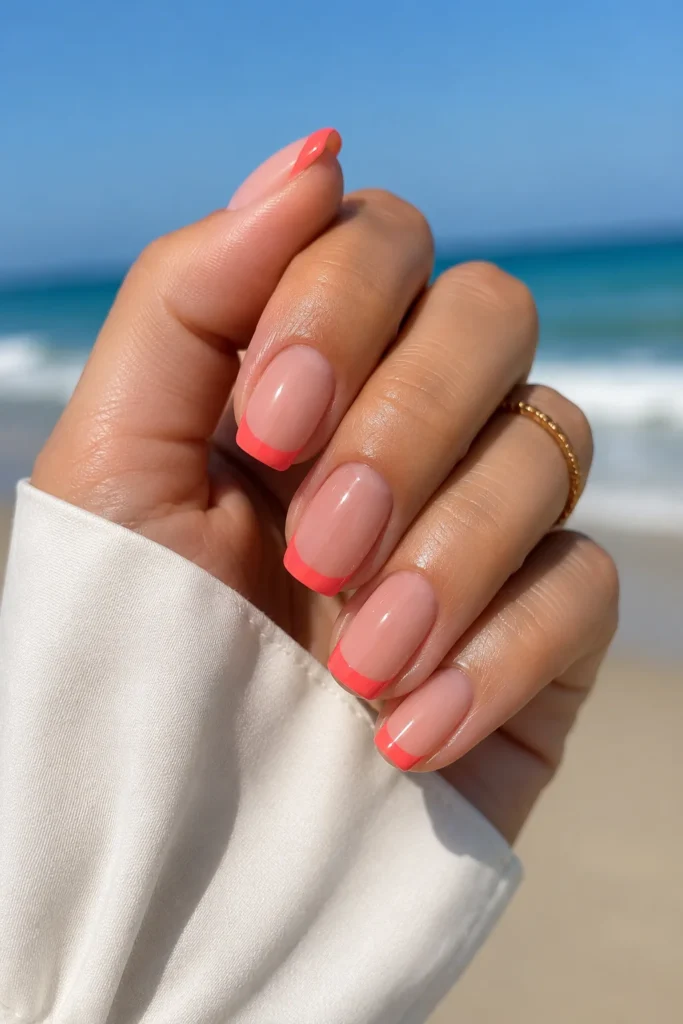 Bright hot coral french tip nail design