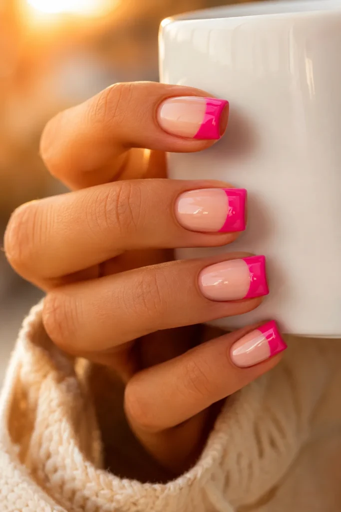 Hot pink bold French tip manicure with glossy finish