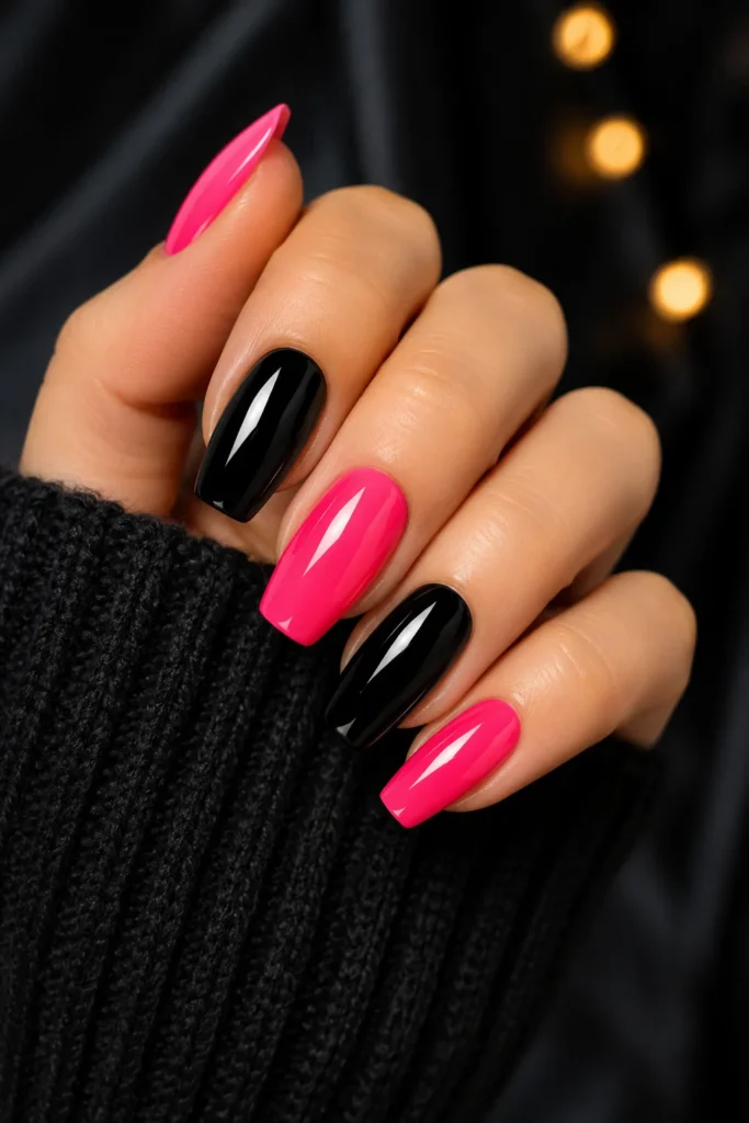 Hot pink and glossy black alternating nail design