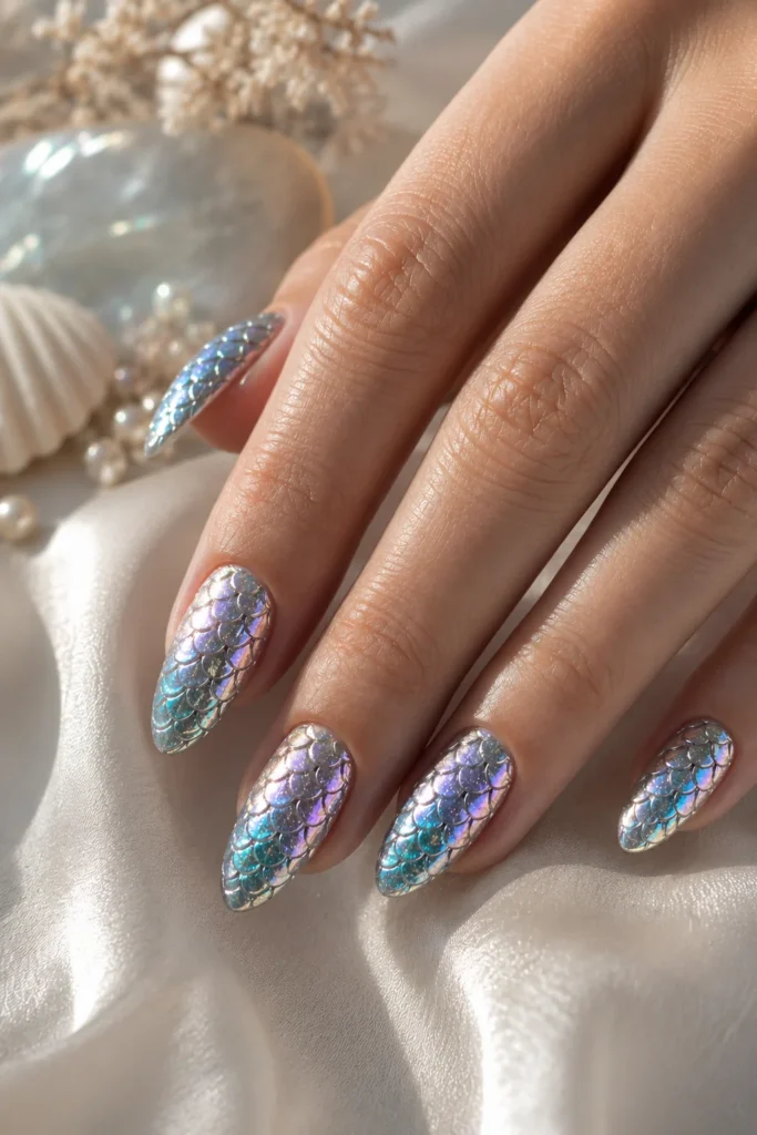Iridescent chrome mermaid scales shimmer in sunlight beautifully