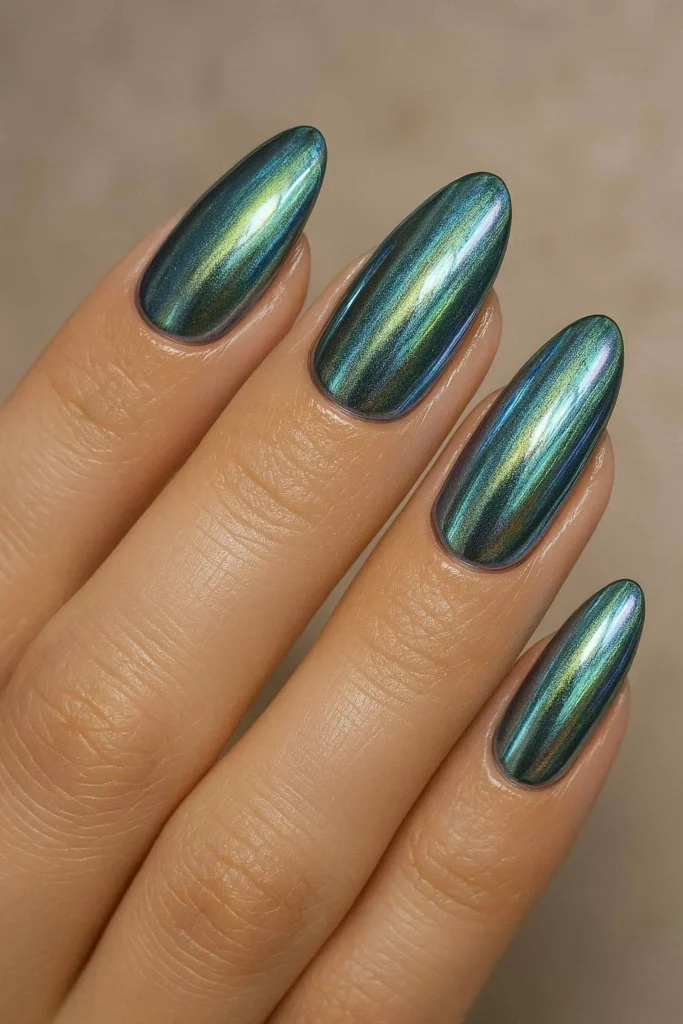 Chrome shimmer nails inspired by dragonfly wings