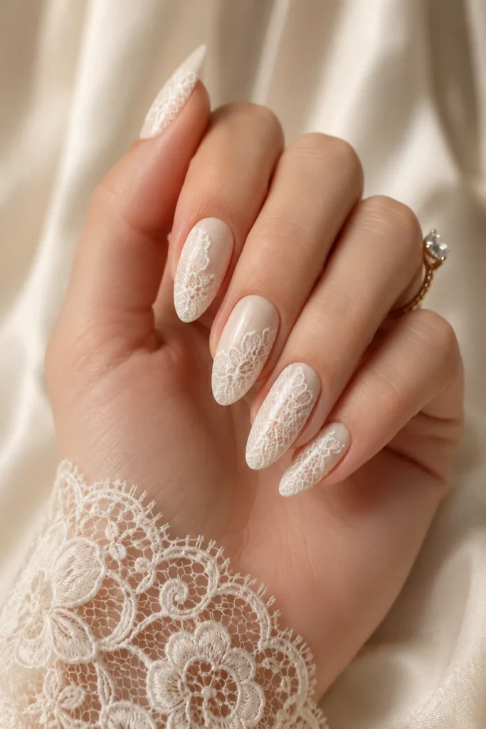 Ivory nails with intricate hand painted lace artwork