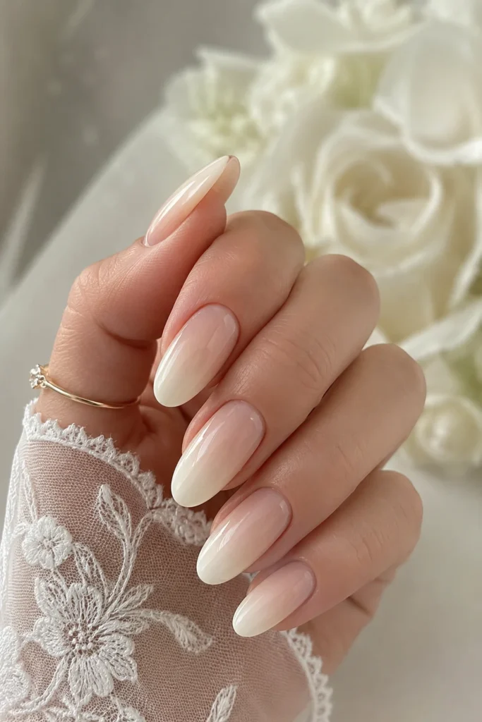 Ivory to nude ombre bridal shower nails