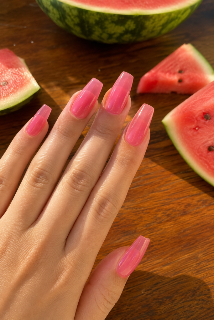 Watermelon pink jelly ballerina nails with transparent finish