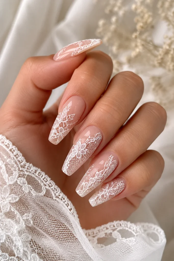 White lace pattern bridal shower nail art