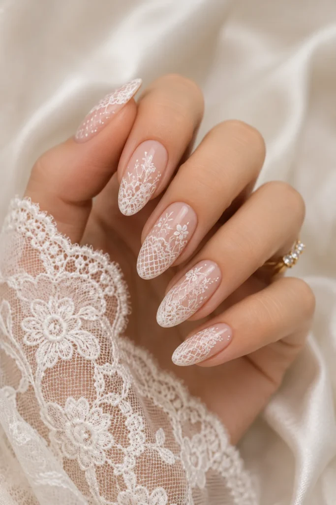 Delicate white lace pattern bridal wedding nail art