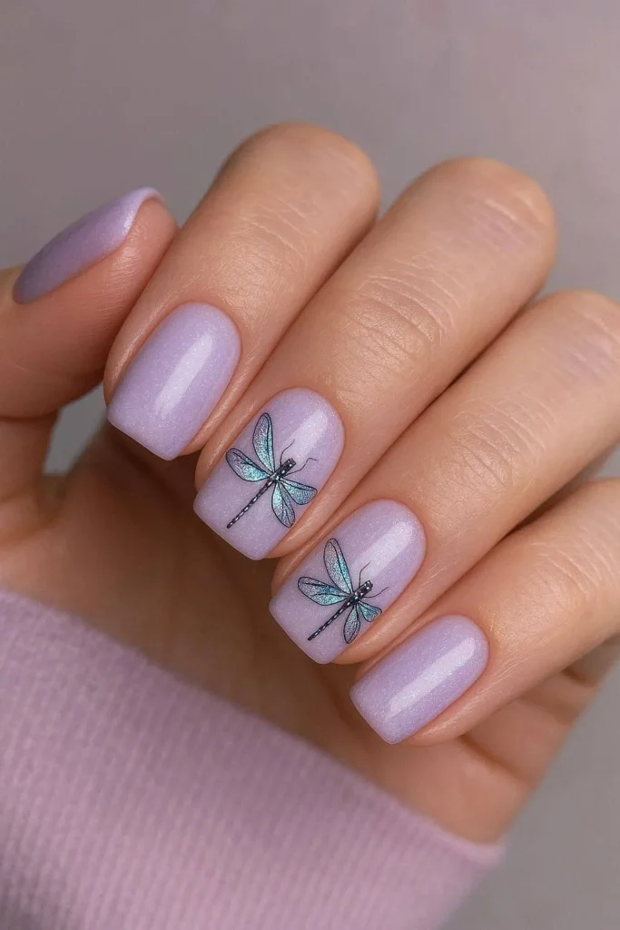 Pastel lavender nails with shimmering dragonfly accents