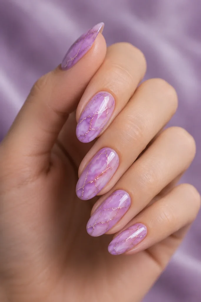 Lavender marble nails with glitter veins