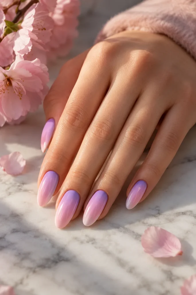 Lavender and rose quartz ombré almond nails with glossy finish