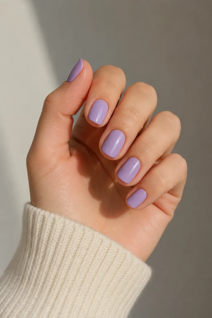 Soft lavender polish on short nails