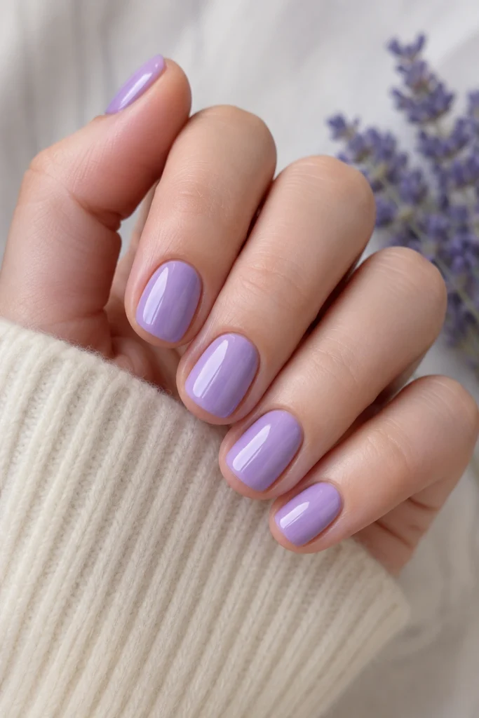 Lavender short nails feminine pregnancy manicure