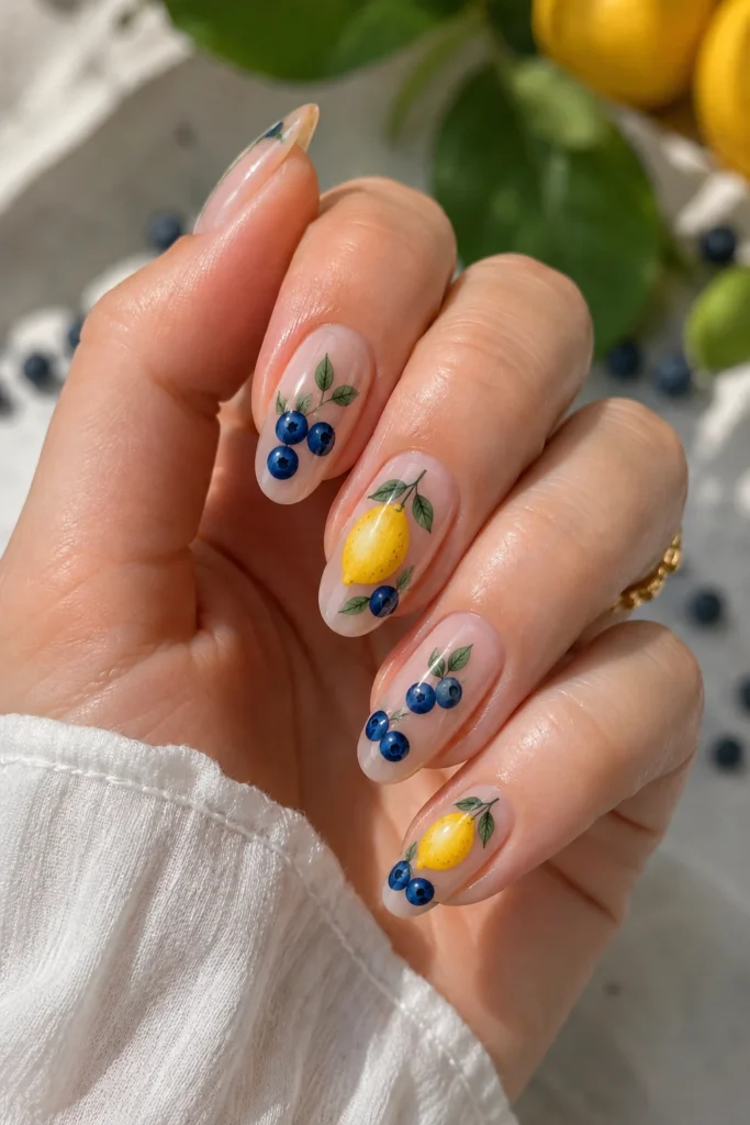 Classic lemon blueberry nails on glossy nude base design