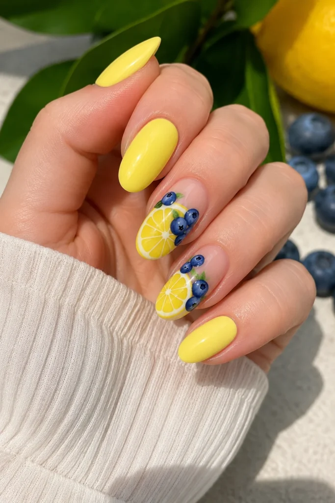 Lemon slice accent nails with scattered blueberries