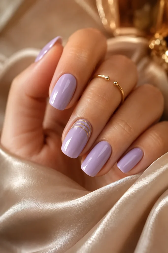 Gold crescent line on soft lilac nail base.
