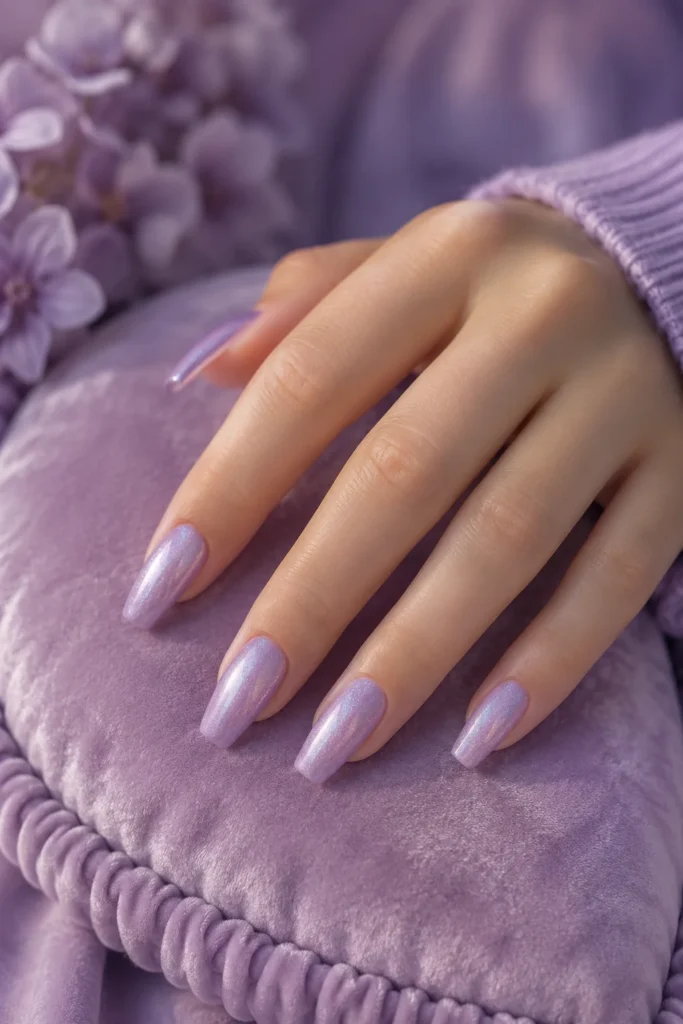 Soft lilac shimmer ballerina nails with subtle sparkle