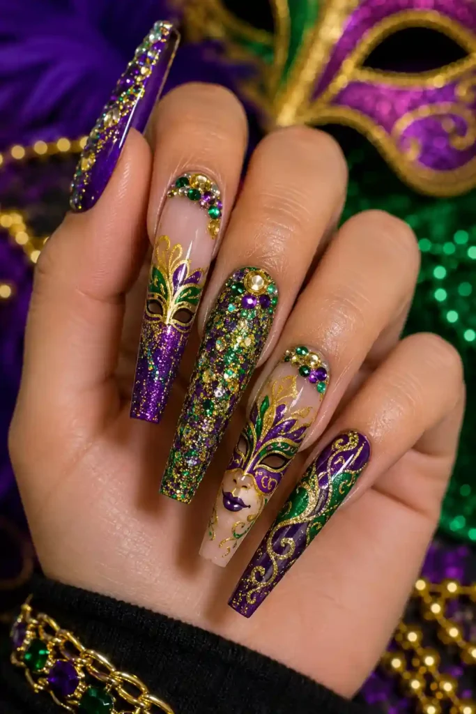 Long coffin nails with bold Mardi Gras carnival artwork