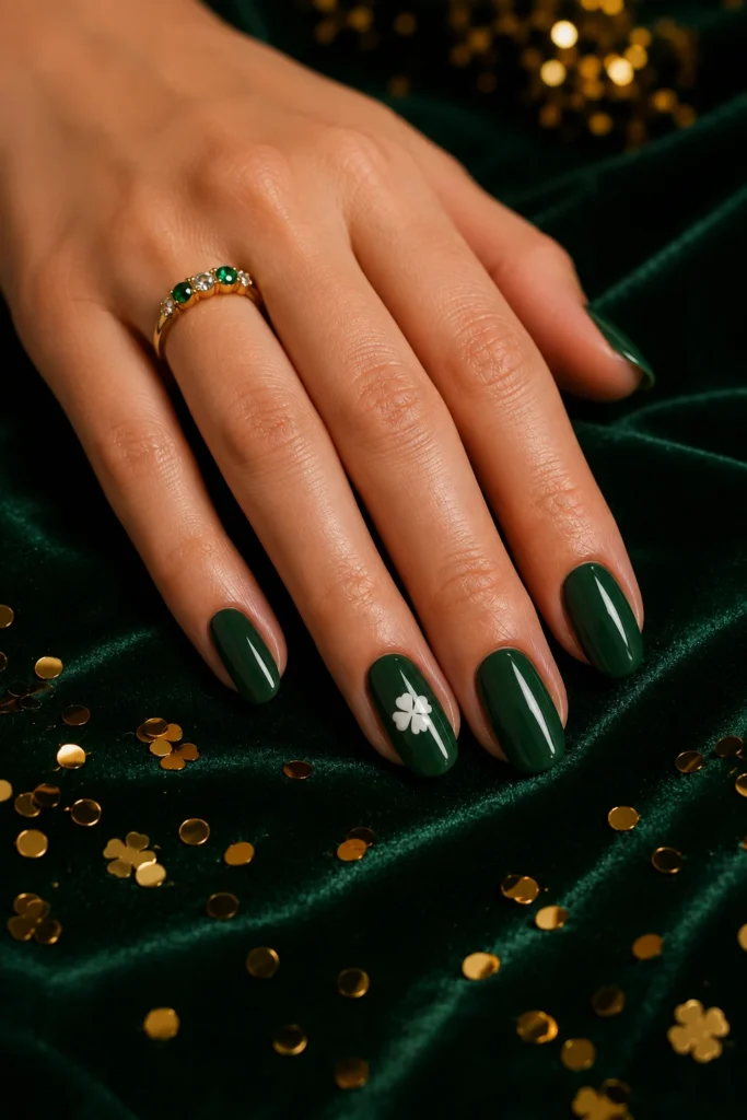 Emerald green nails with white four-leaf clover nail art