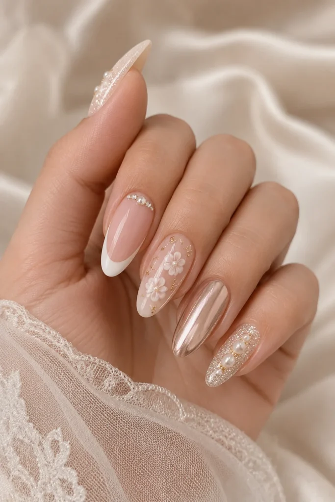 Mixed bridal nail art pearls chrome florals