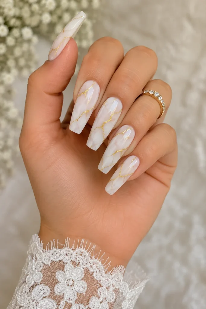 White marble gold veining bridal nails