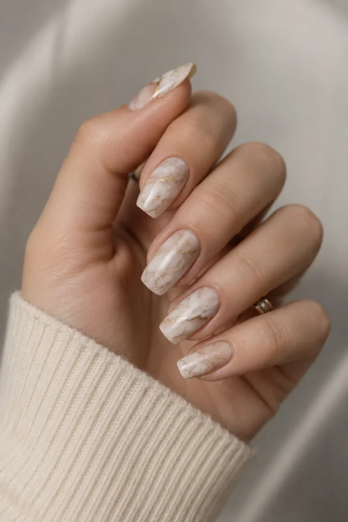Marble effect dip powder nails neutral luxurious manicure