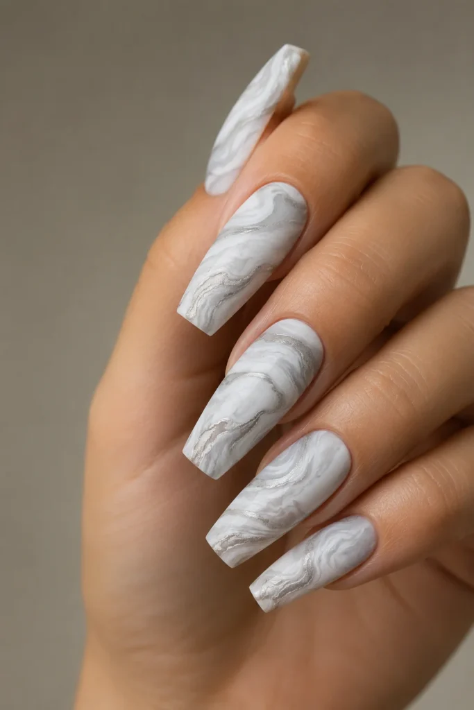 White and silver marble swirl coffin nails