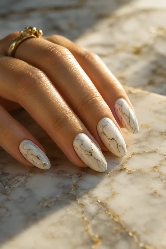 White marble vein brushwork nail design with gold accents