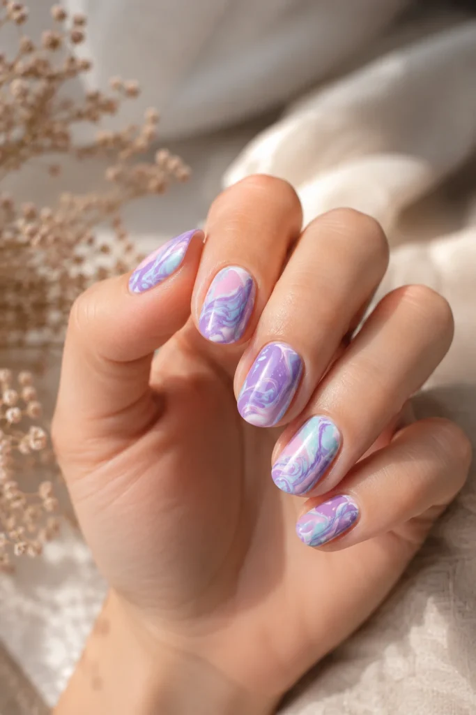 Lavender mint marble swirl nail design close up.
