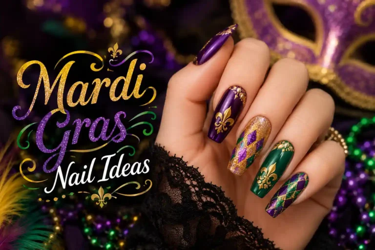 Mardi Gras Nail Ideas with colorful festive nail art