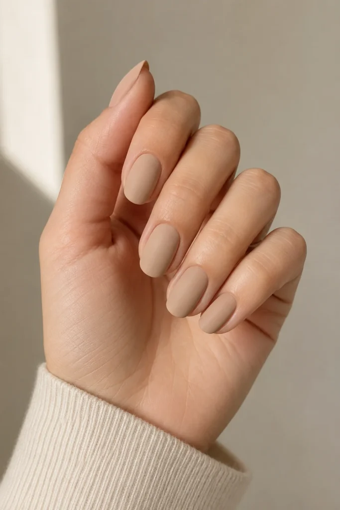 Matte beige polish on short nails