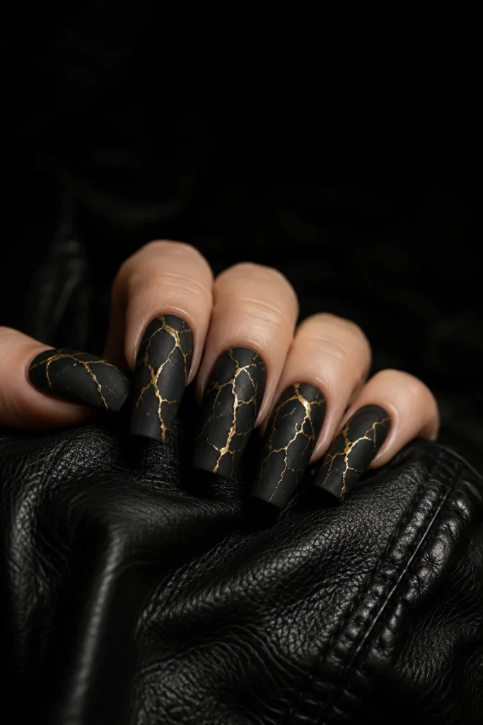 Matte black marble nails with gold cracks