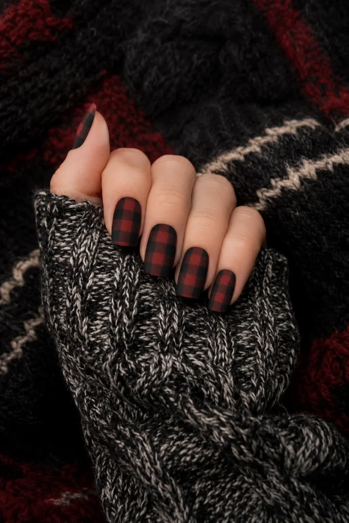 Matte black and red buffalo plaid nail design on square nails