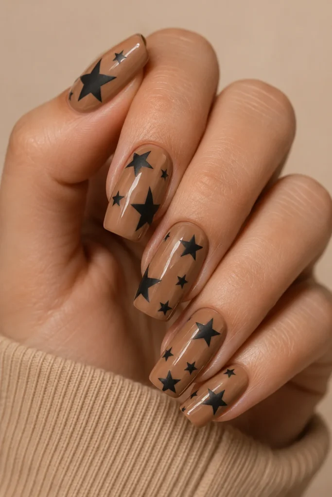 Matte black star nail art over glossy nude nails