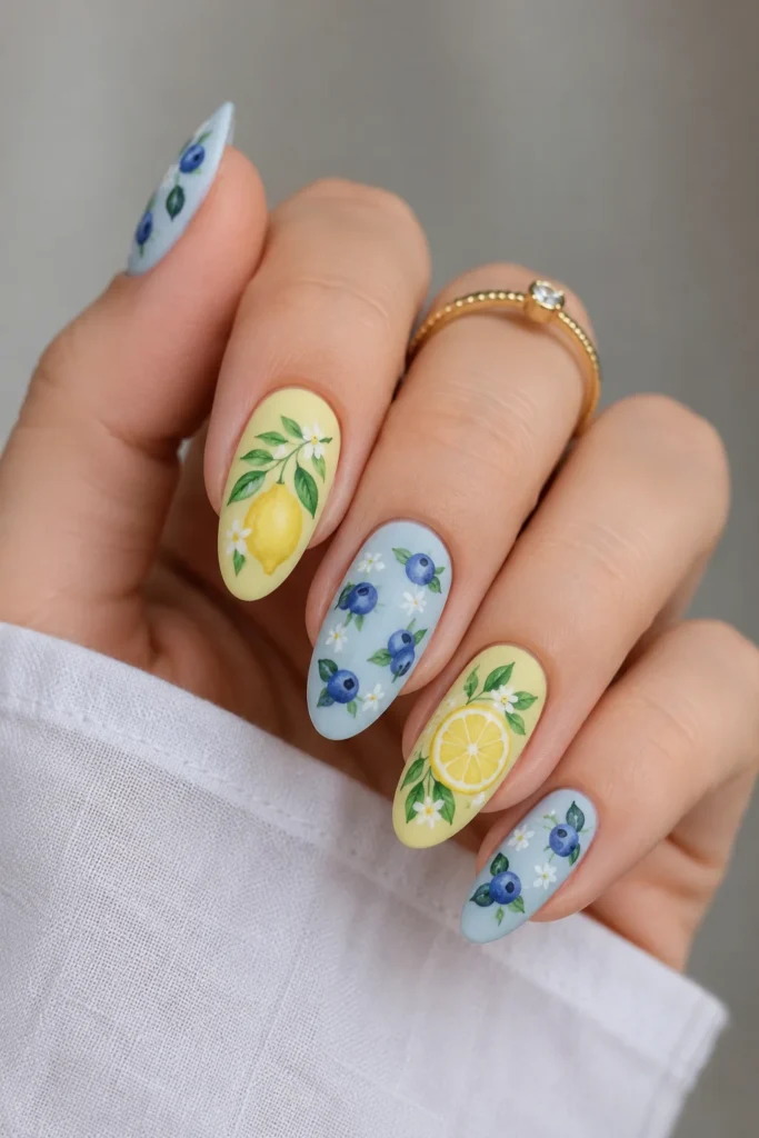 Matte finish nails with hand painted fruit details