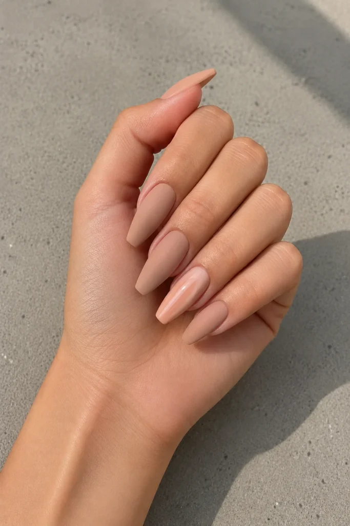 Matte nude ballerina nails with one glossy accent nail