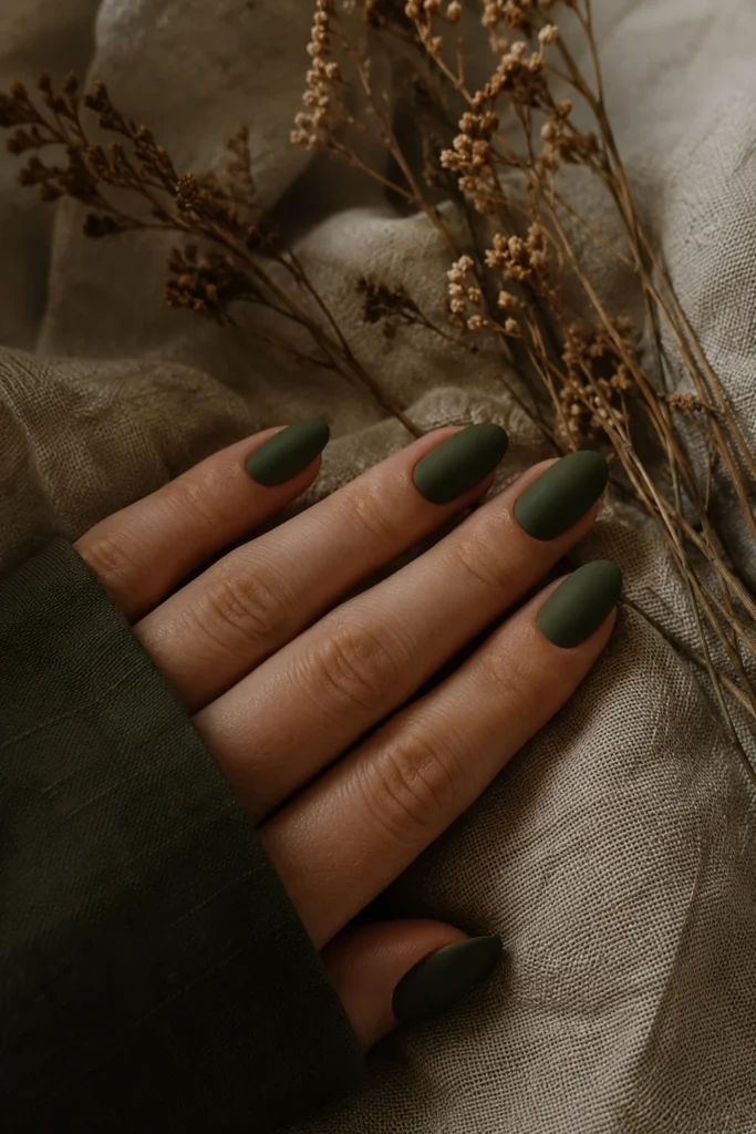 Deep olive green nails with a smooth matte finish