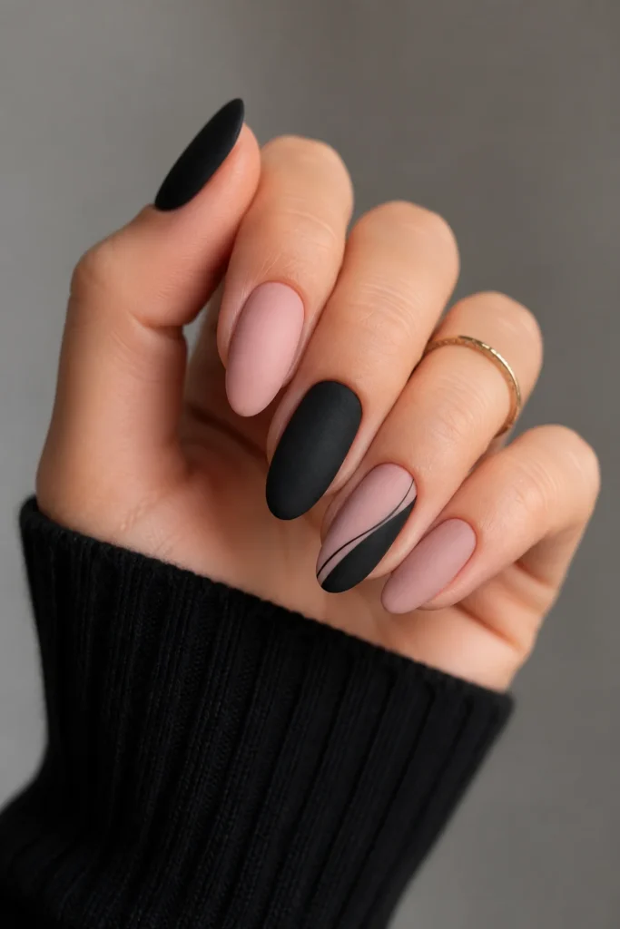 Matte blush pink and black nail manicure