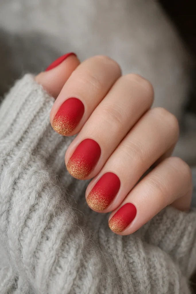 Matte red nails with soft gold dust ombre.
