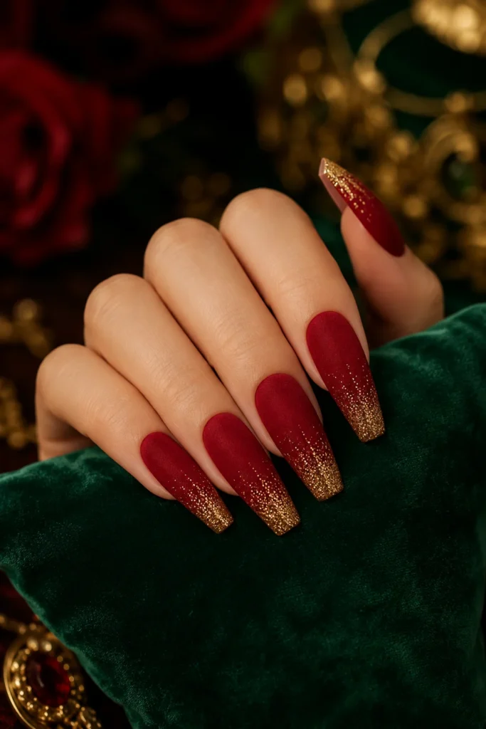 Matte red nails with sparkling gold glitter tips.