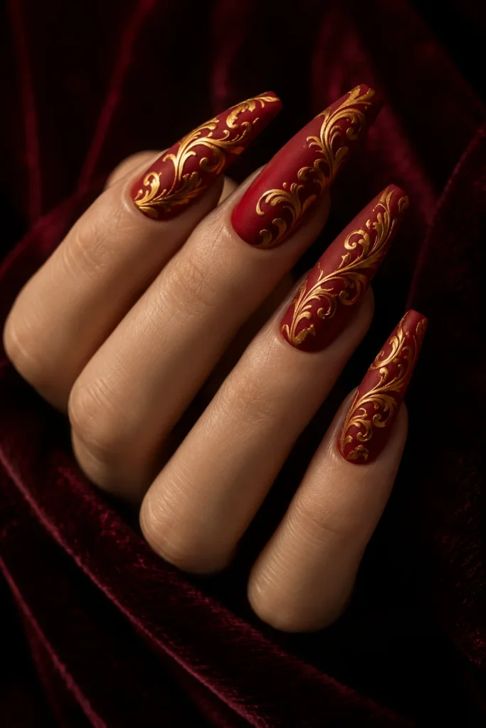 Matte red nails with elegant gold swirl designs.