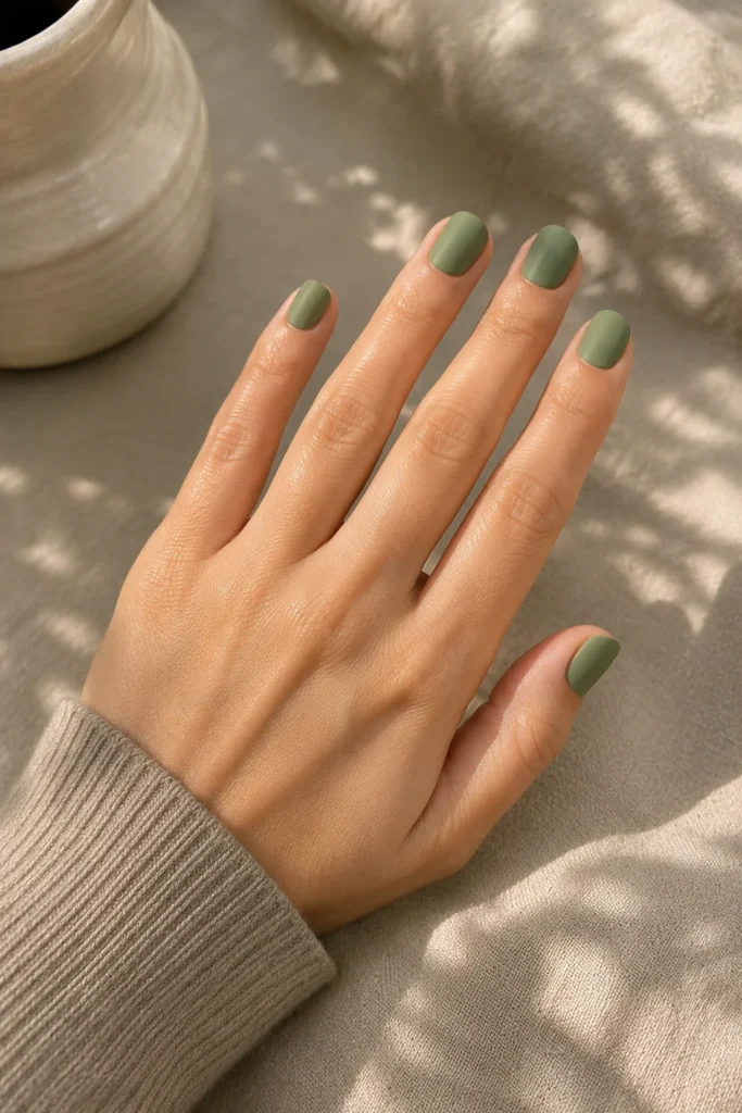 Matte sage green polish on short round nails with a soft modern finish.