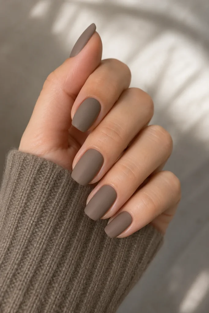 Matte taupe polish with velvety textured nail finish
