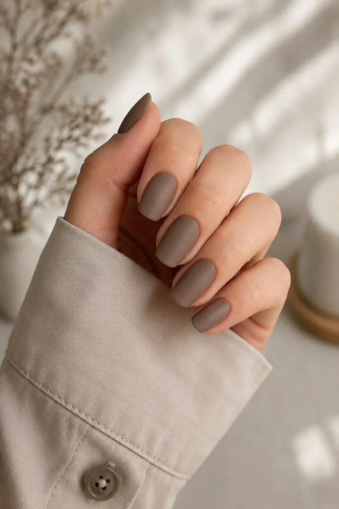 Matte taupe nails cozy velvety texture design