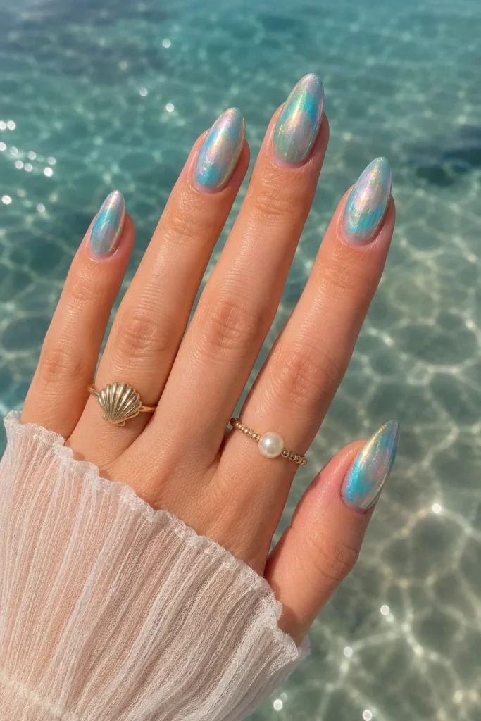 turquoise seafoam pearl shimmer mermaid aura nails